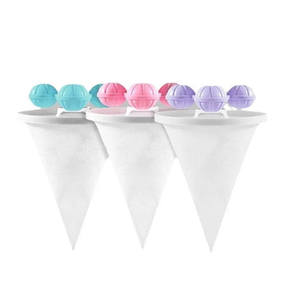 Three reusable washing machine hair filter bags in blue, pink, and purple colours for pet lint removal