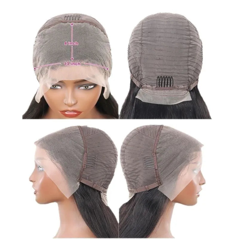 A long, straight human hair wig with a 13x4 lace front and centre-parted bangs, shown in a natural colour.