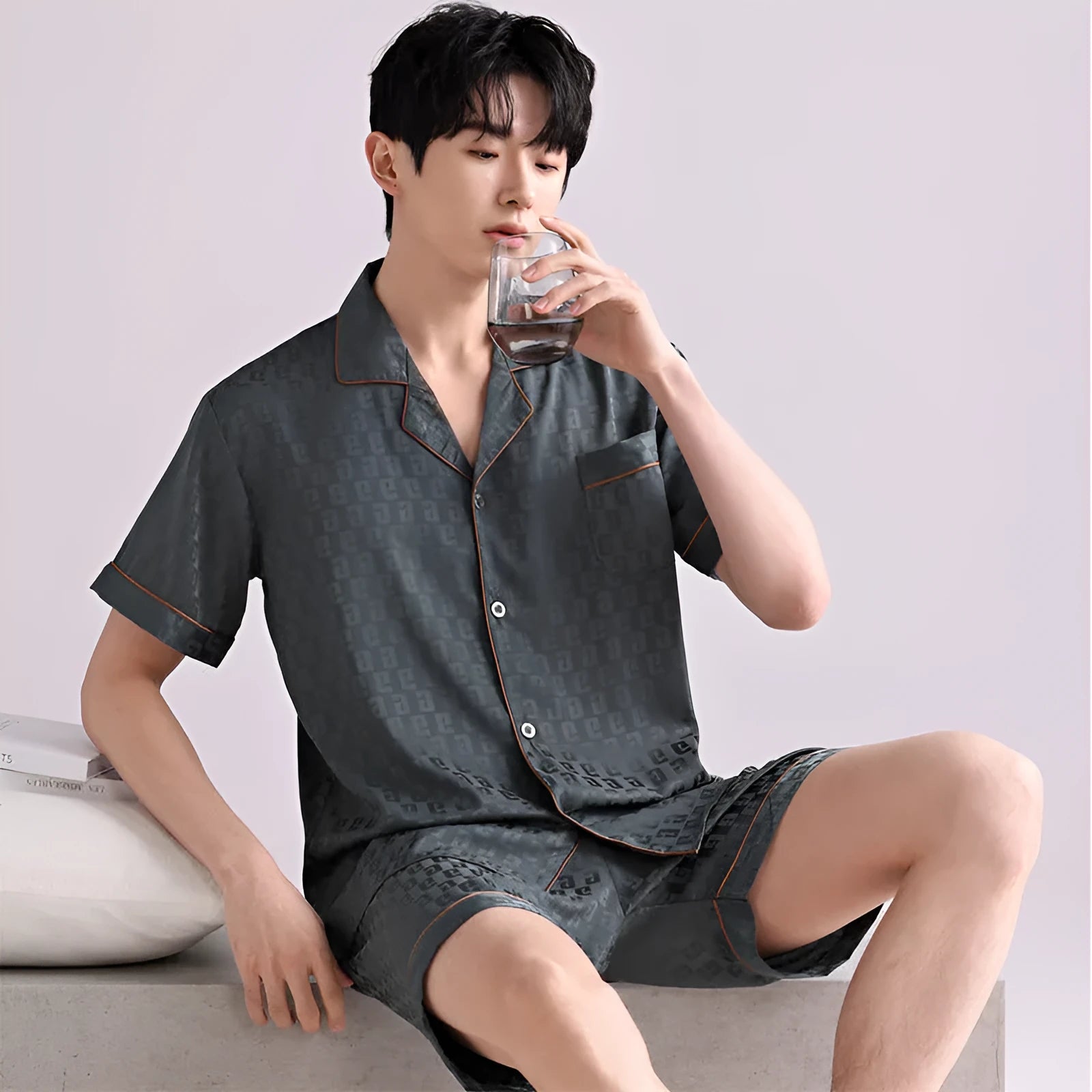 Men's lightweight ice silk pyjama set with cardigan top and short pants in satin jacquard pattern