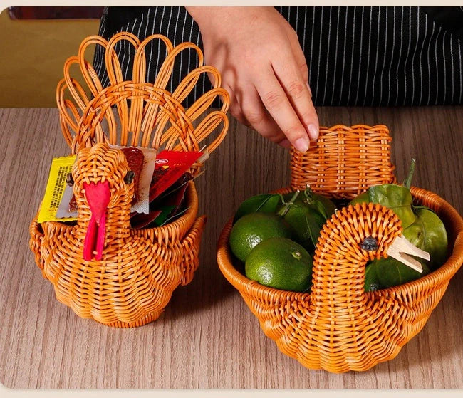 Deer-shaped rattan fruit basket in natural khaki, perfect for fresh produce storage and home decor