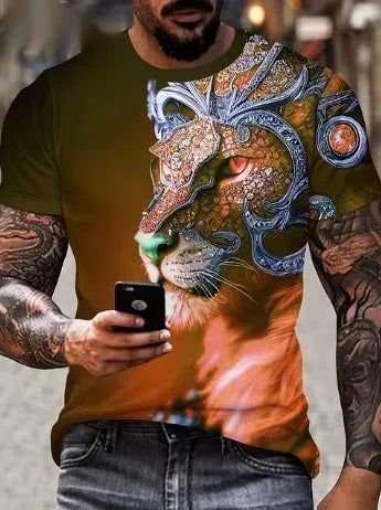 Men's black t-shirt with a fierce 3D printed lion graphic on the chest.