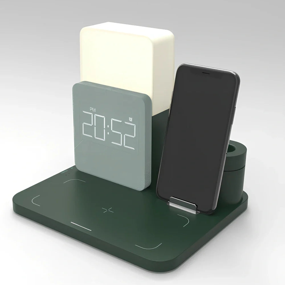 Black 3-in-1 Qi wireless charger stand with clock, night light, and zones for iPhone, Apple Watch, AirPods; 202mm height, ABS build