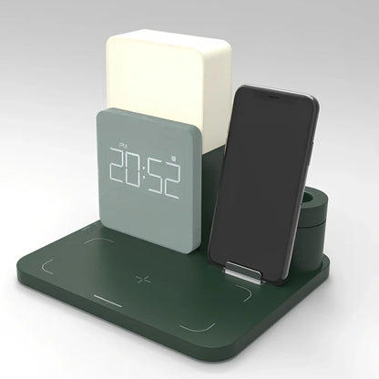 Black 3-in-1 Qi wireless charger stand with clock, night light, and zones for iPhone, Apple Watch, AirPods; 202mm height, ABS build