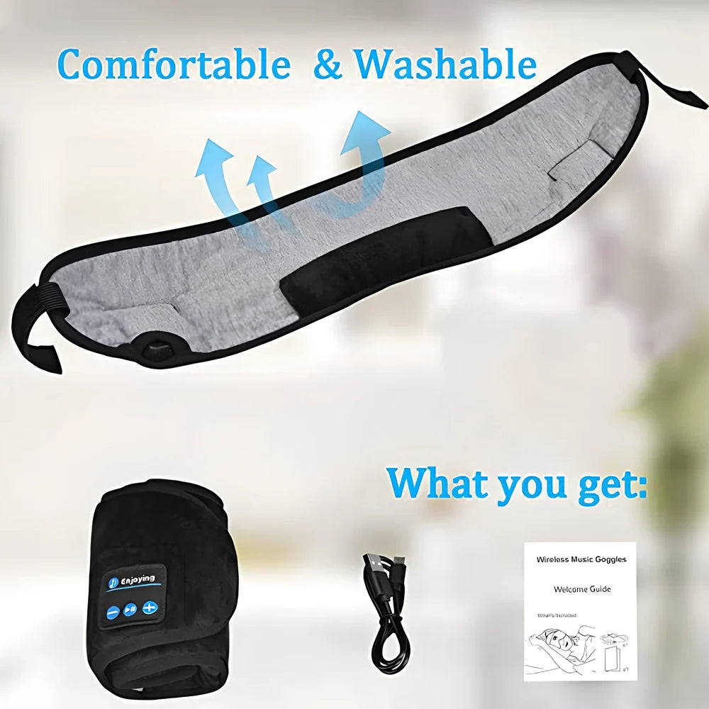 Black Bluetooth eye mask with memory foam padding and adjustable headband for light blocking and audio