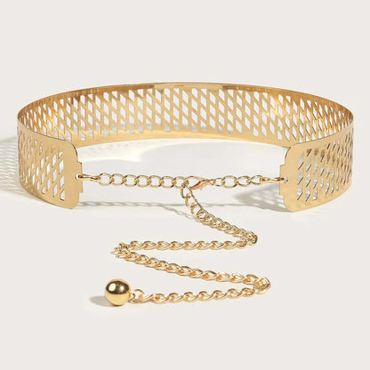 Golden Lantern Head Punching Net Flower iron waist ring belt in gold, showing thick 4.5cm width and alloy buckle.