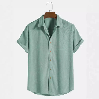 Men's casual short-sleeved cardigan shirt in polyester fabric showing colour options and relaxed fit