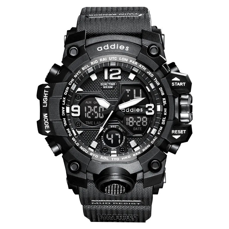 Electronic sports watch with dual analogue and digital display, plastic case, 50m waterproof, multiple colour options
