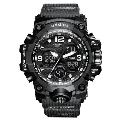 Electronic sports watch with dual analogue and digital display, plastic case, 50m waterproof, multiple colour options