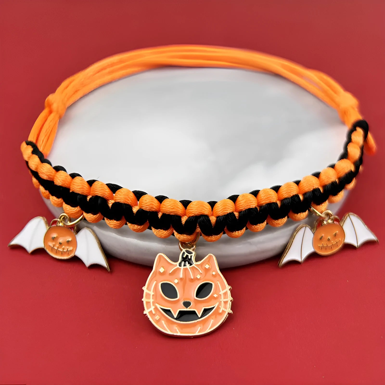 Halloween pet collar decoration with zinc alloy charms in pumpkin bat design on a black collar