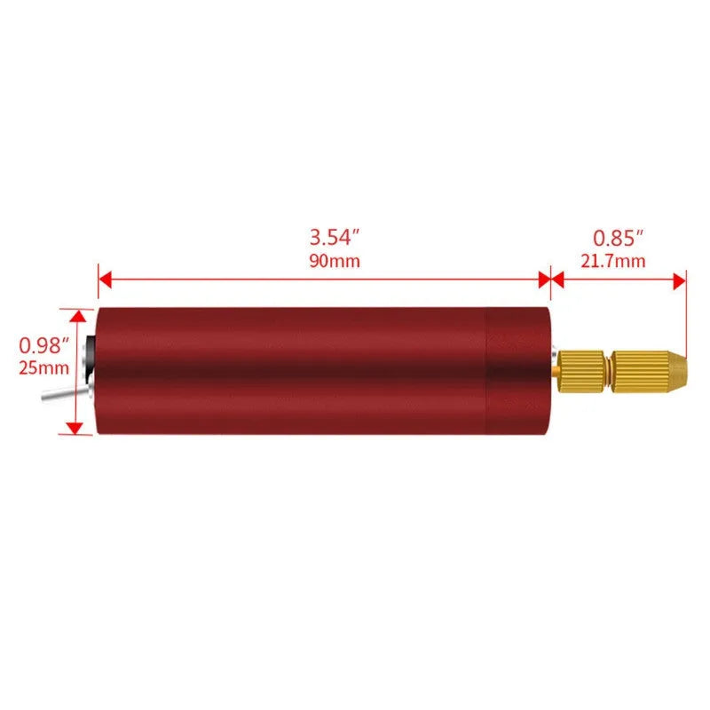 Small silver aluminium USB electric grinder tool with three drill bits and a wrench on a white background.