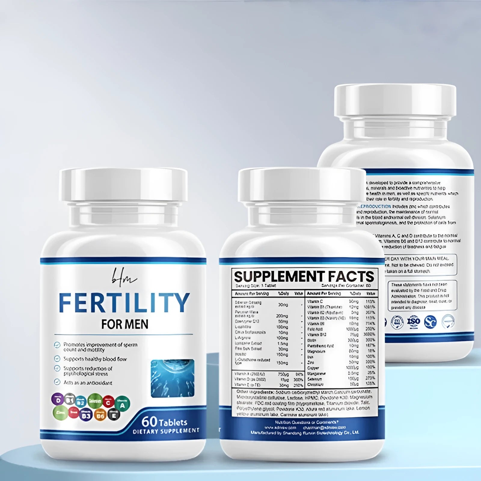 Sealed bottle of 60 male fertility tablets with vitamin mineral complex label.