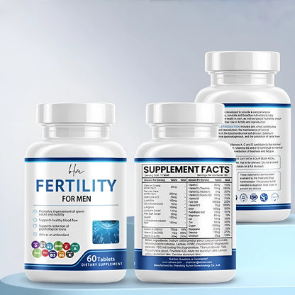 Sealed bottle of 60 male fertility tablets with vitamin mineral complex label.