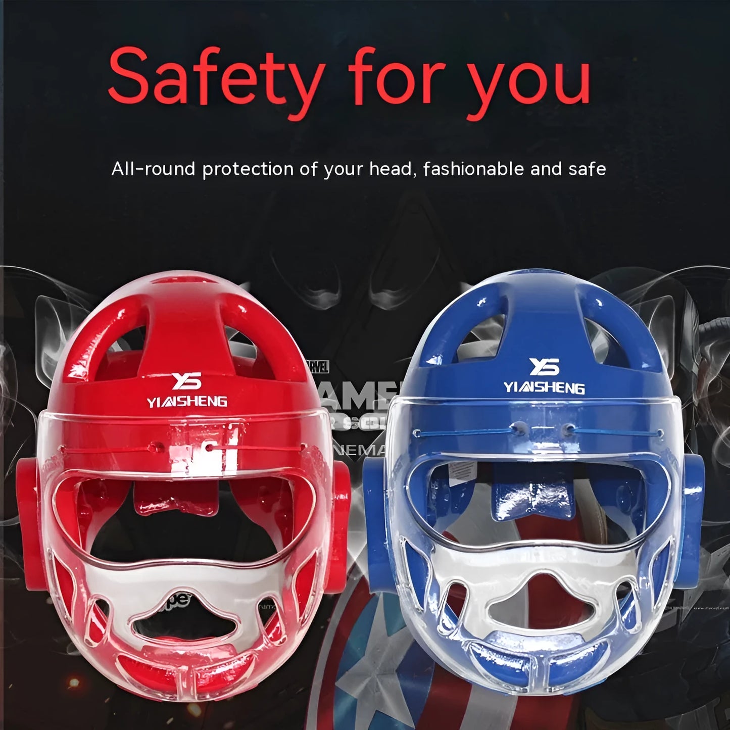 Karate helmet protective headgear in red, white or blue colours available in S, M, L, XL sizes for martial arts training.