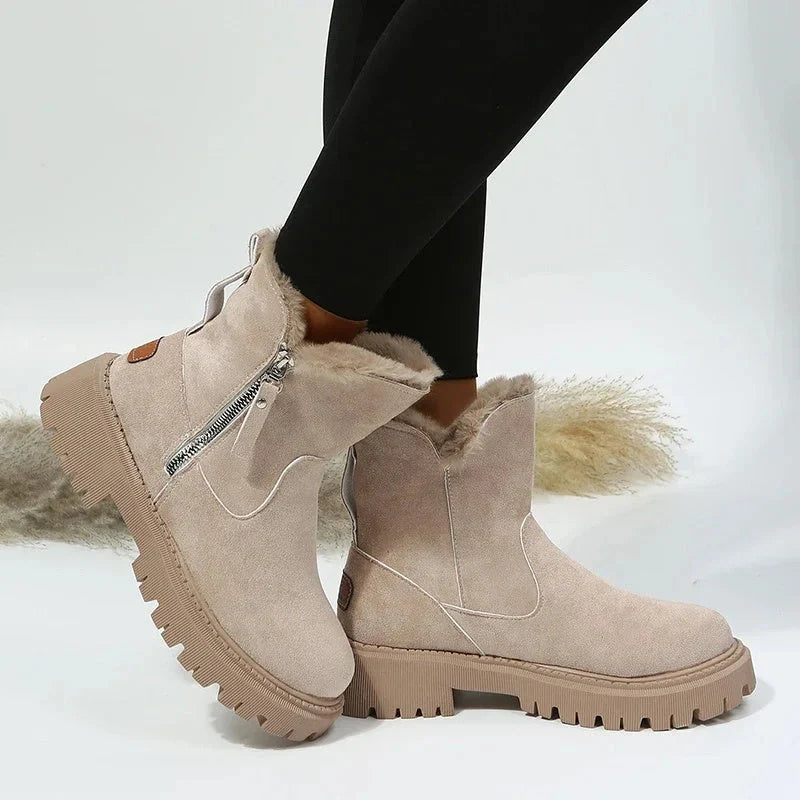 Women's snow boots with foldable plush tube and side zipper in black and khaki