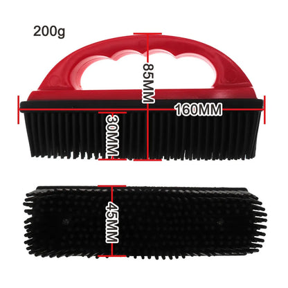 Red pet grooming brush with massage nodes for hair removal during dog or cat baths.