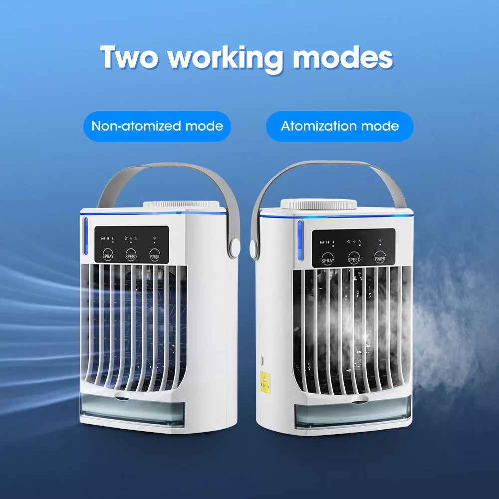 Compact USB-powered mini air cooler with humidification spray, bladeless design for safety