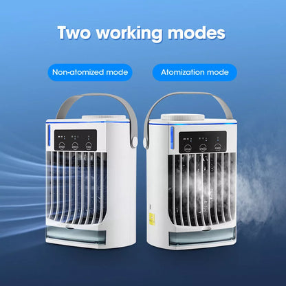 Compact USB-powered mini air cooler with humidification spray, bladeless design for safety