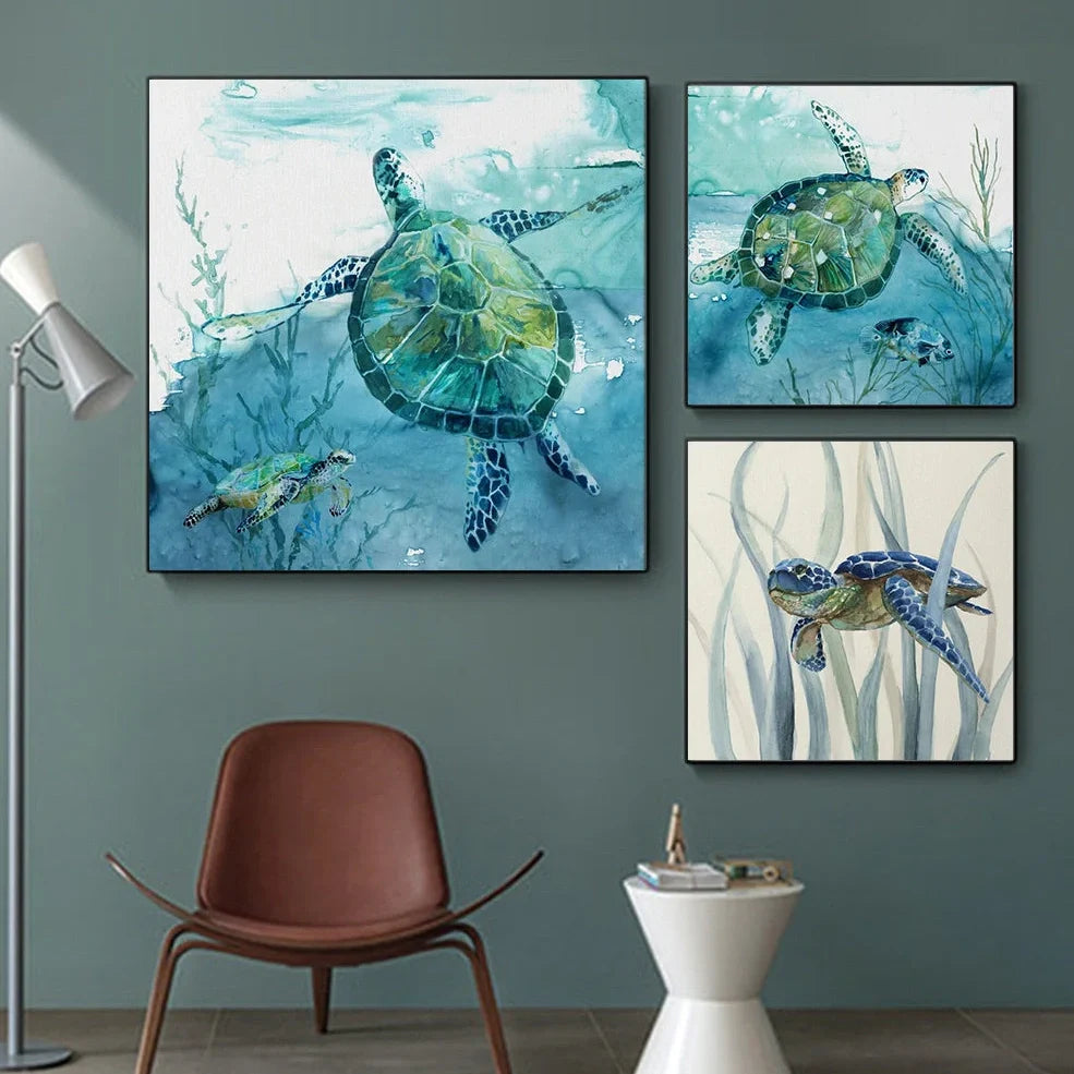 Frameless turtle canvas printing poster in 40x40cm square size with detailed picture colours