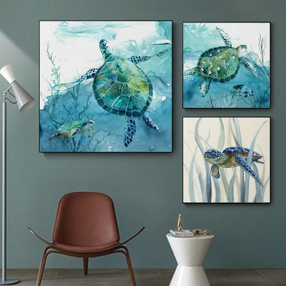 Frameless turtle canvas printing poster in 40x40cm square size with detailed picture colours