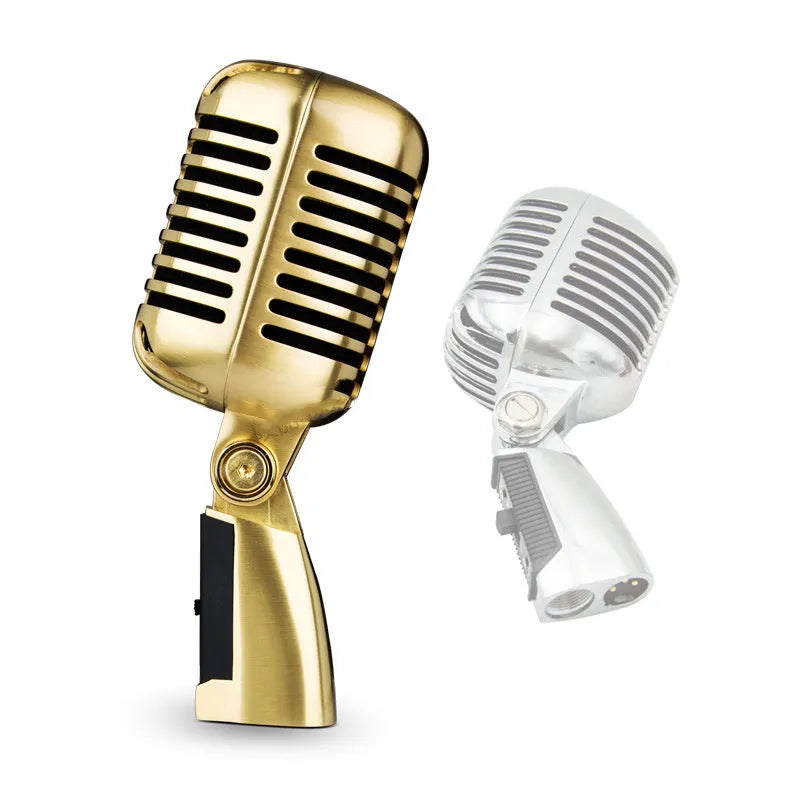 Classic retro dynamic microphone in silver finish with all-metal construction.