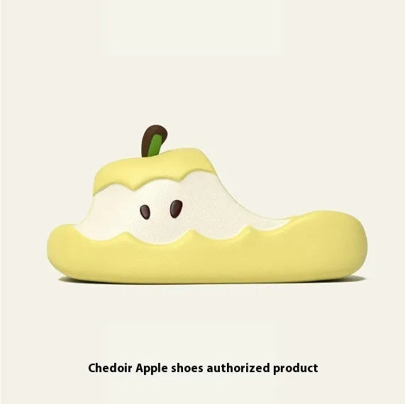 Cartoon fruit-themed EVA flip flop slippers for adults on a plain background.