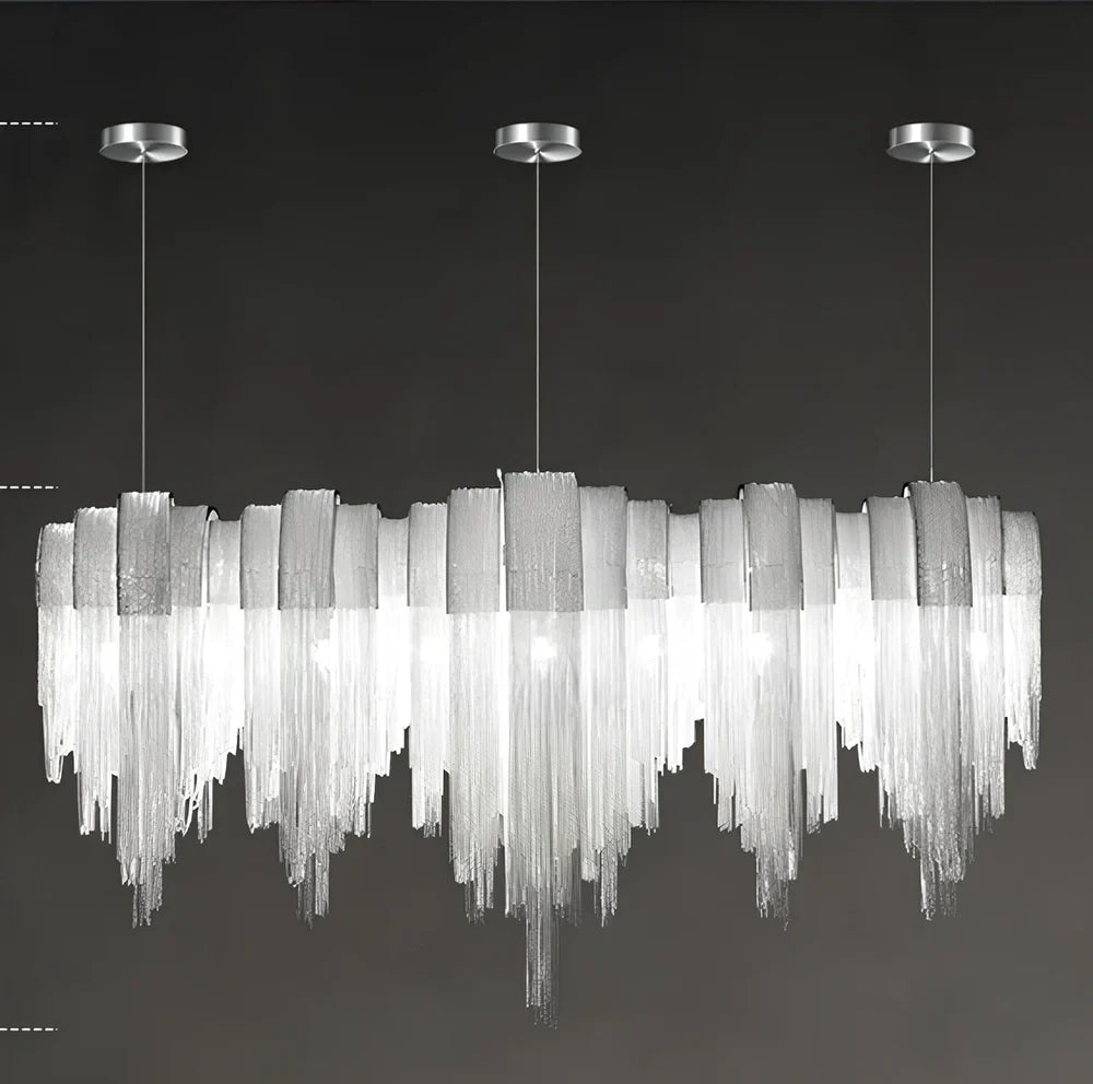 Silver Nordic tassel aluminium chain chandelier, 110cm diameter with 130cm adjustable wire and 5000K LED for living room lighting