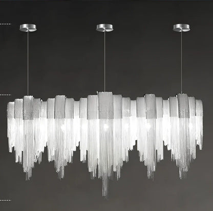 Silver Nordic tassel aluminium chain chandelier, 110cm diameter with 130cm adjustable wire and 5000K LED for living room lighting