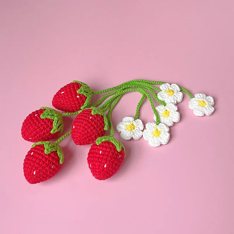 Wool crochet woven strawberry pendant necklace, handmade knitted wool charm with a length of 35cm, available in single pink or single red strawberry colour options, for festival outfits, boho accessories, and as a gift charm.