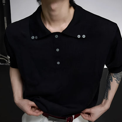 Men's slim knit short sleeve shirt with double collar design in black colour