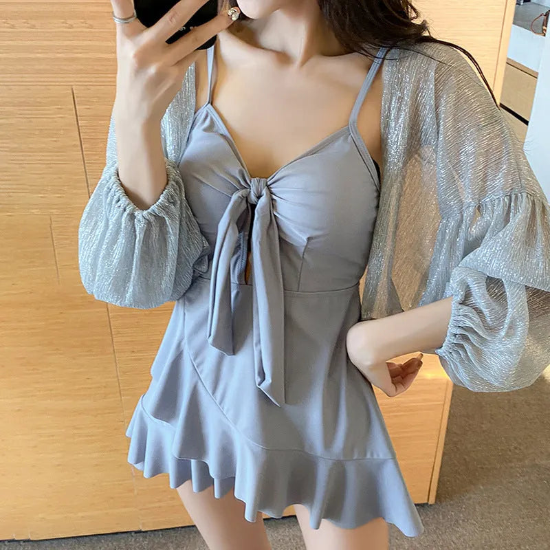 Women's long sleeve one-piece swimsuit set in solid grey with milk silk fabric and polyester lining, sizes S to 3XL