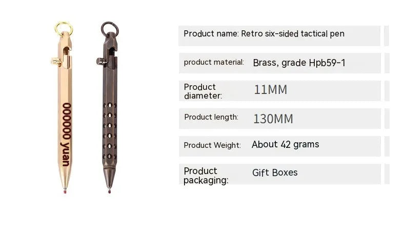 Brass hexagonal bolt pen with retro design showing 6-angle construction and 0.5mm writing tip