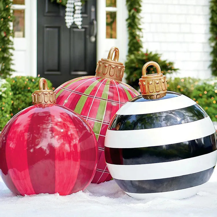 Large 60cm inflatable PVC Christmas decoration ball in bright colours for outdoor garden or tree display.