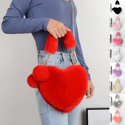 Plush heart-shaped women's handbag in medium size with removable shoulder strap