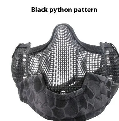 Carbon steel net protective face mask in camouflage pattern for outdoor field use.