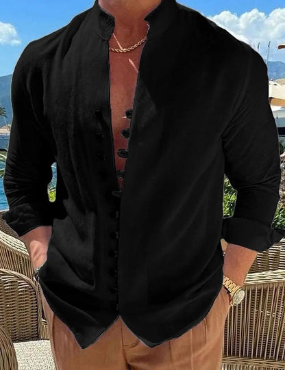 Men's retro button long-sleeved shirt in black, loose fit, standing collar, cotton polyester blend.