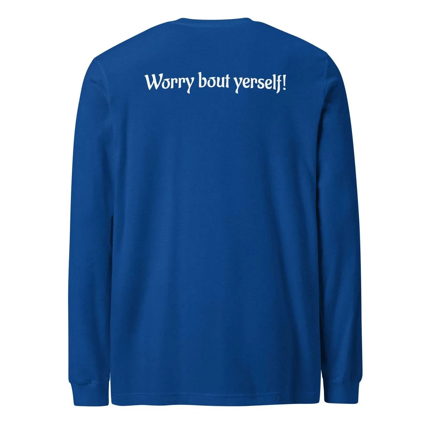 Blue men's loose round neck sweater with printed letter and pattern design.