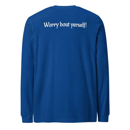 Blue men's loose round neck sweater with printed letter and pattern design.