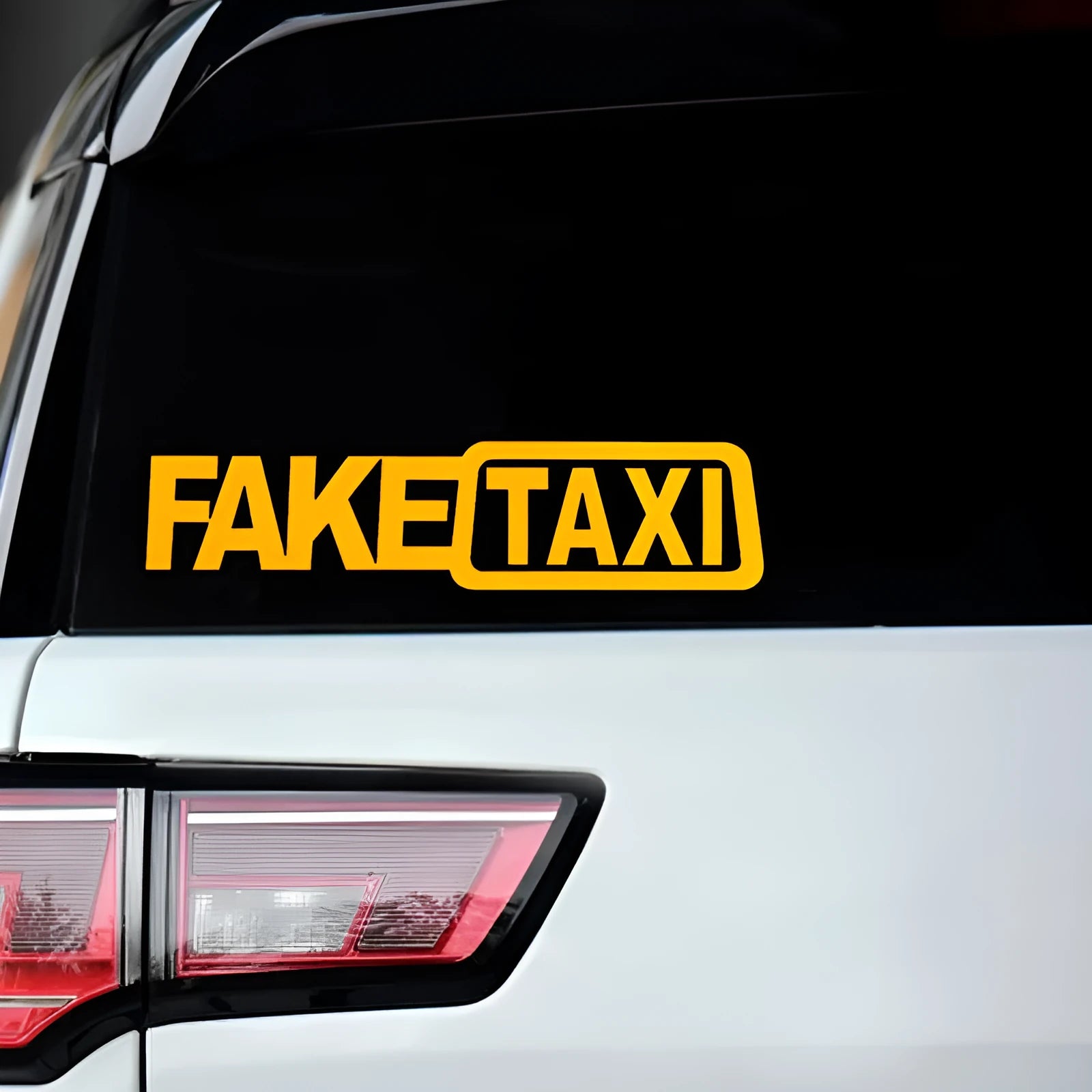 FAKE TAXI car warning sticker in black, white and yellow colours showing 20x8cm waterproof PET label