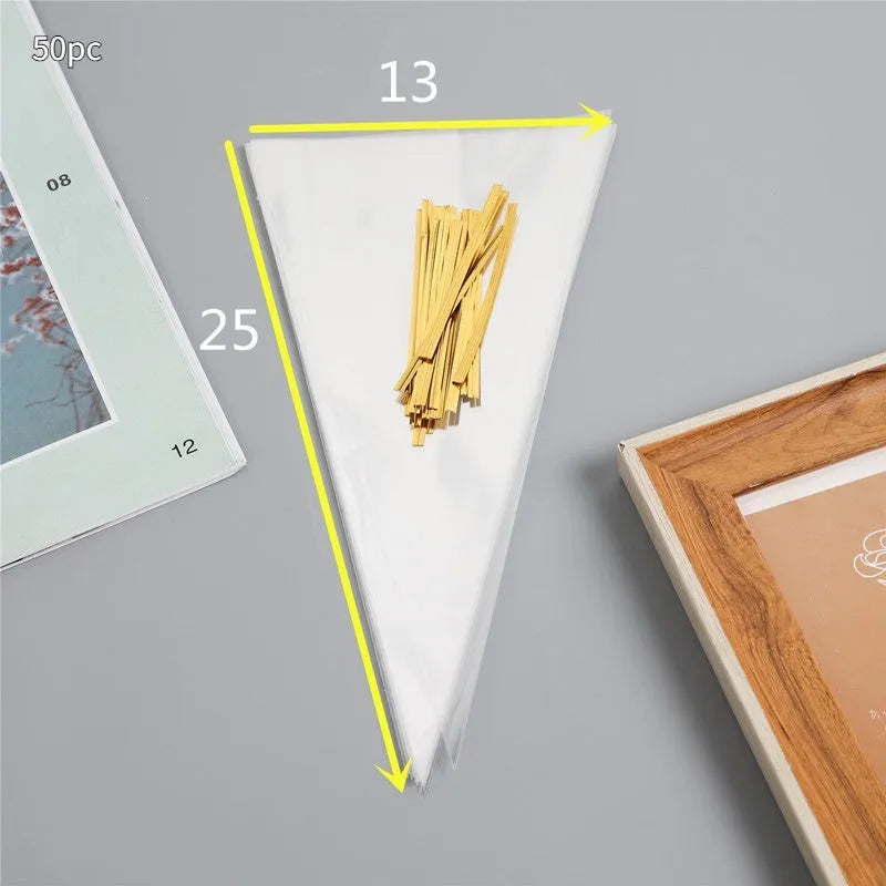 Triangle clear plastic bag with integrated tie wire closure in 13x25cm, 16x30cm, or 18x37cm sizes