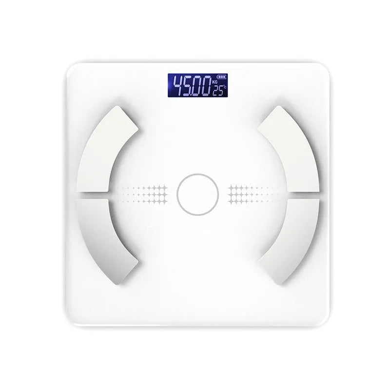 White smart Bluetooth body fat scale on bathroom floor, showing weight on backlit LCD display.