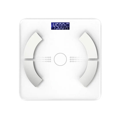 Smart digital bathroom scale with Bluetooth on glass platform in white, showing weight and body fat percentage.
