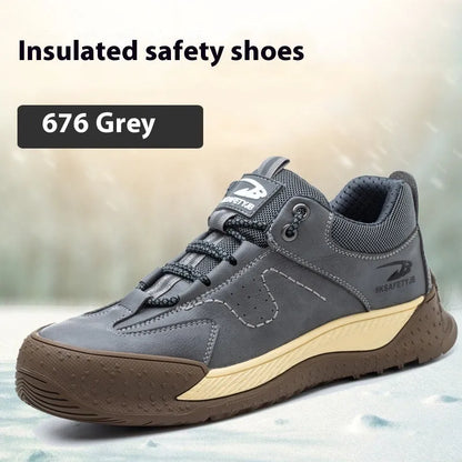 Flyknit work safety shoes with leather upper and rubber sole in multiple colour options