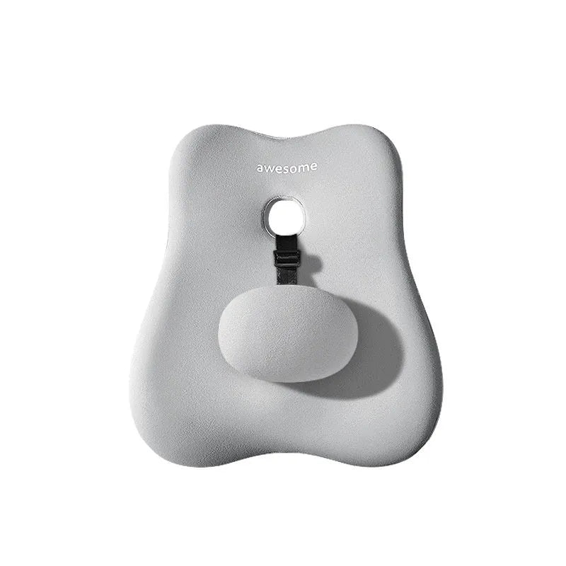 Memory foam lumbar support cushion for car seat or office chair with massage bean filling, available in imitation brocade cotton fabric in multiple colours including black, grey, blue, and green.