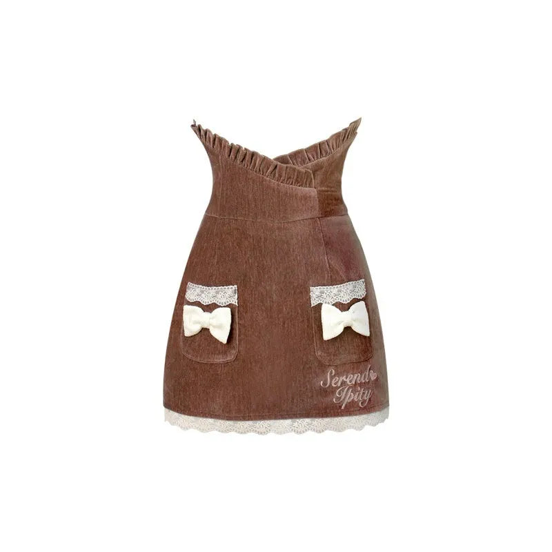Apricot knitted top, brown hip skirt, and apricot shawl three-piece set in sizes S, M, XS