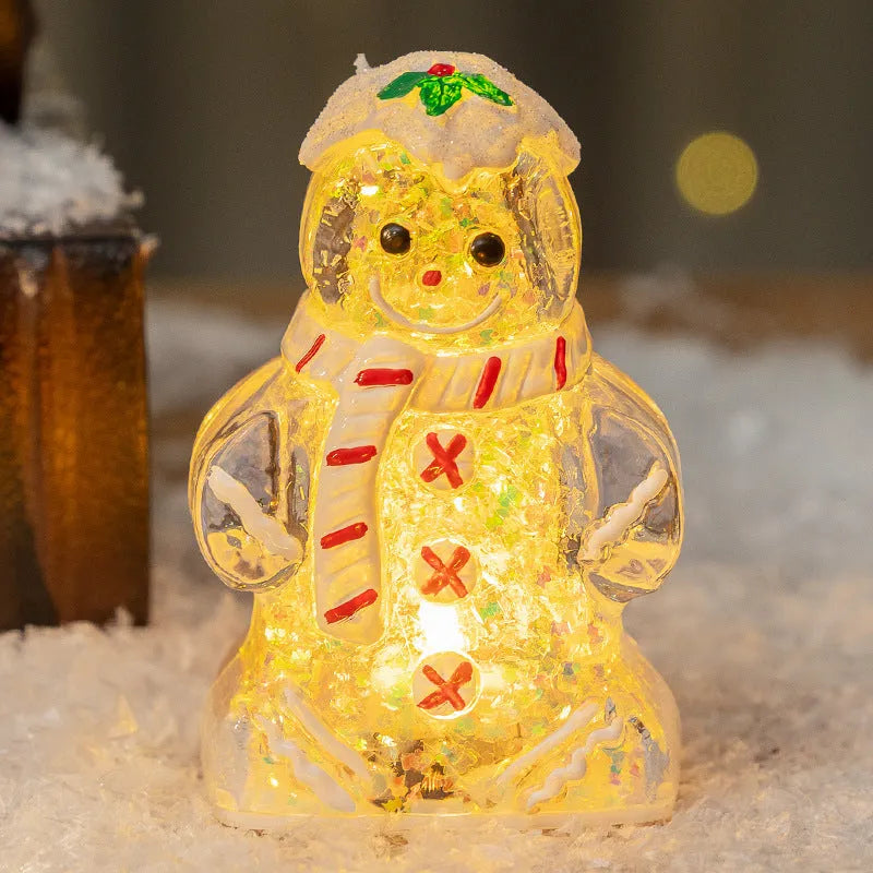 Glowing Christmas gingerbread man and snowman ornaments with LED lights in red, white, and transparent scarf variations