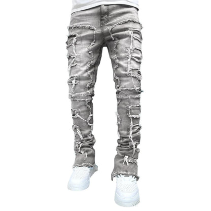 Men's slim-fit cotton jeans with unique patched design in various classic colors