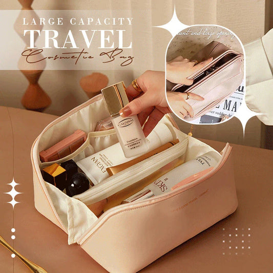 Premium PU leather cosmetic bag with large capacity, versatile storage, and water-resistant design for modern women on the go