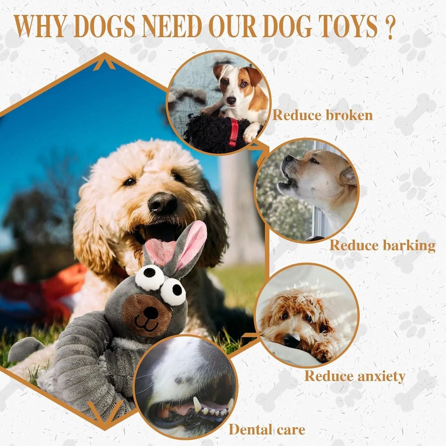 Brown, grey, and yellow plush dog toys with squeaky and crinkle features.