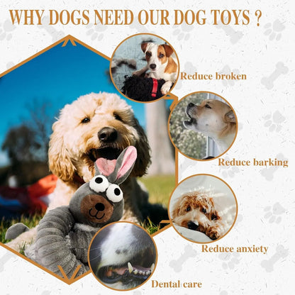 Brown, grey, and yellow plush dog toys with squeaky and crinkle features.