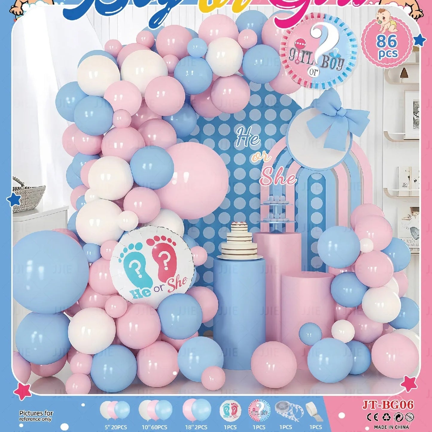 Baby gender reveal balloon decoration suit with metallic aluminium film balloons in pink and blue